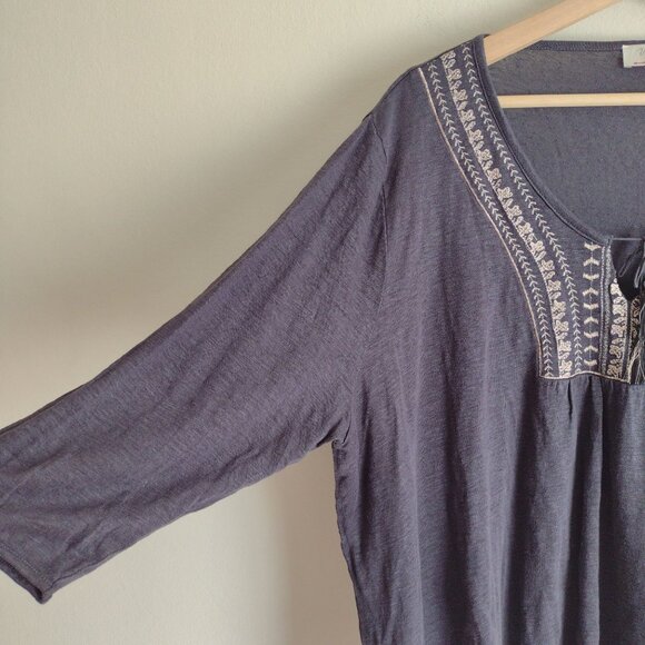 Wrap London Linen Blouse US 18 Relaxed Fit Gray Peasant Top w Embroidery - Picture 6 of 8
